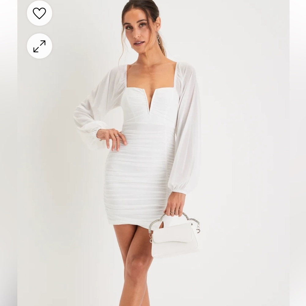 Lulus Flirty Force White Mesh Ruched Balloon Sleeve Mini Dress - Picture 2 of 11
